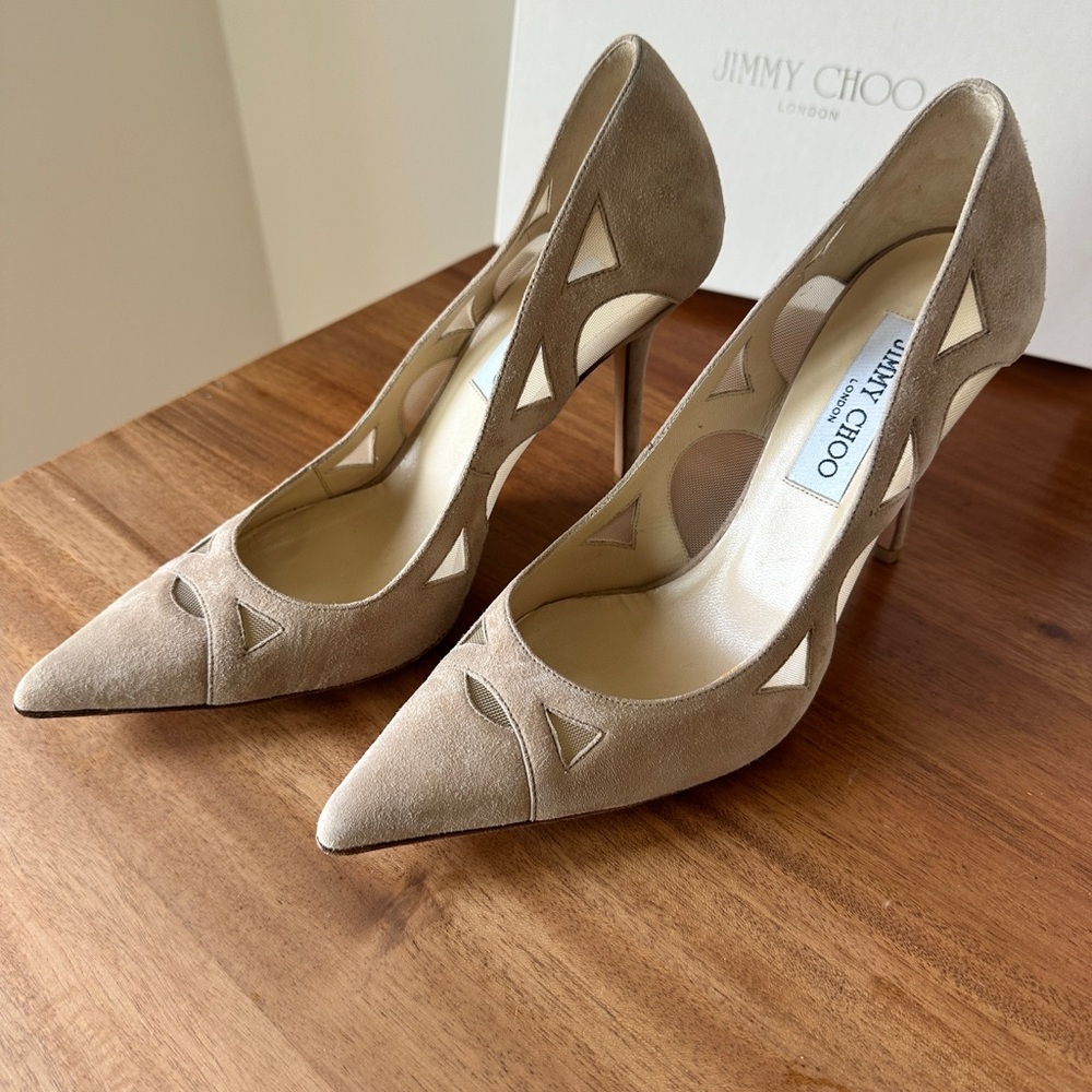 Jimmy Choo Tan Heels with Classic Pointed Toe